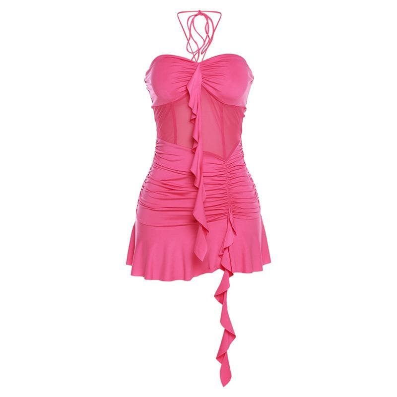 Mesh patchwork ruffle ruched halter backless mini dress  | red tango dress
