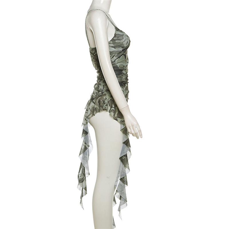Camouflage ruffle irregular ruched cami top