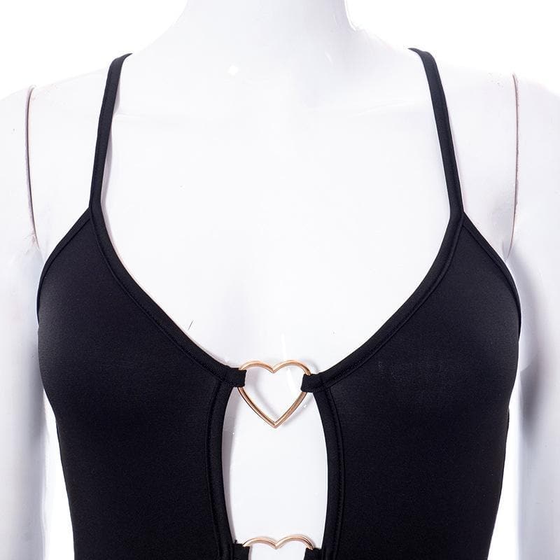 Heart ring hollow out cross back dress  | black rave dress  | black rave dress
