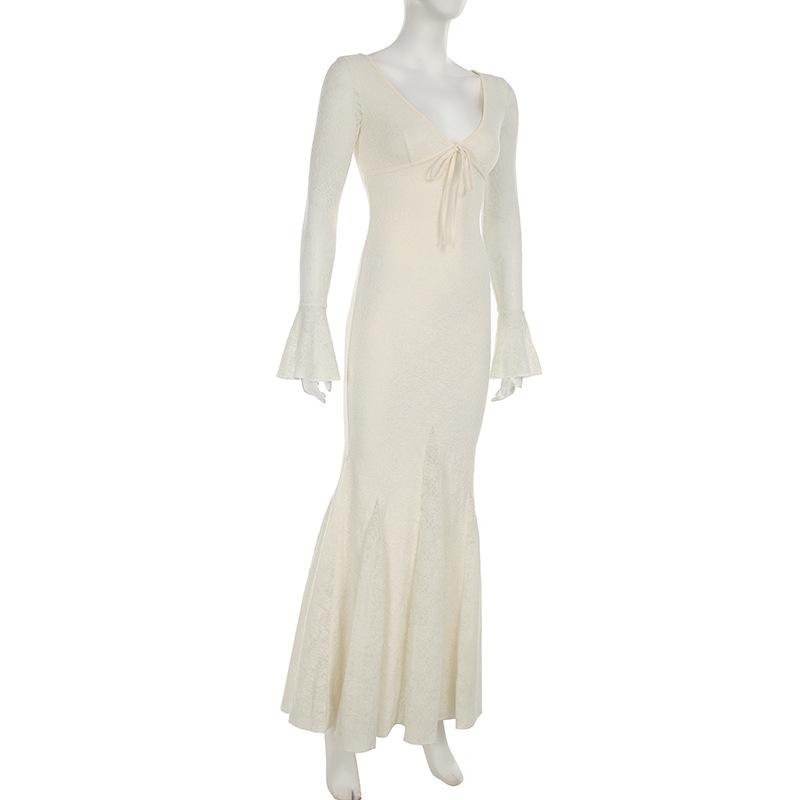 V neck long sleeve lace bowknot maxi dress