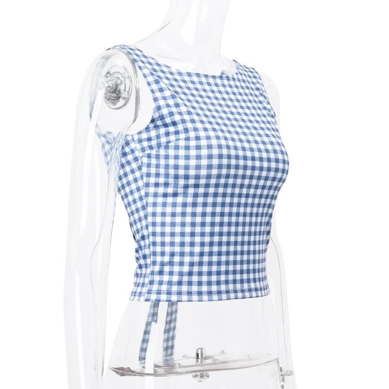 Sleeveless plaid contrast backless bowknot top