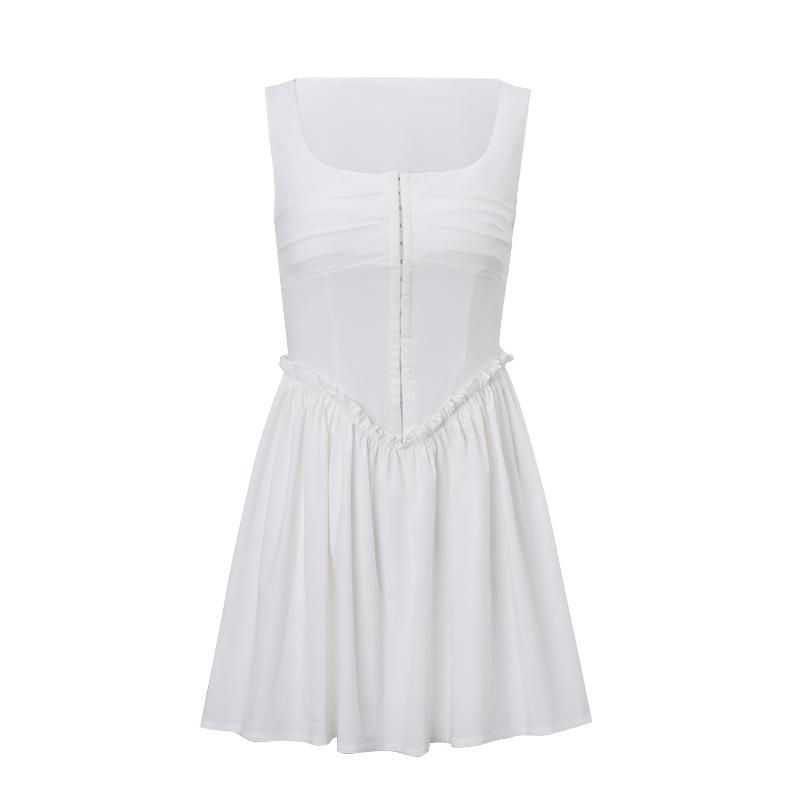 Button ruffle square neck ruched bustier tank mini dress  | red tango dress