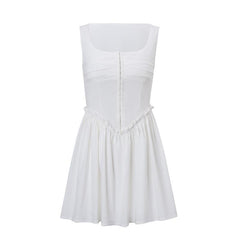 Button ruffle square neck ruched bustier tank mini dress  | red tango dress