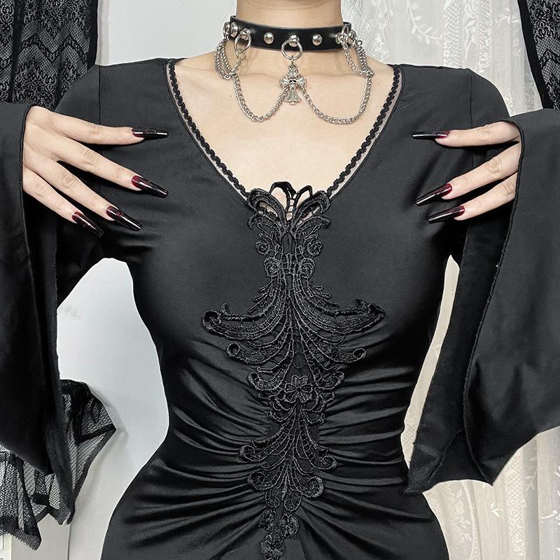 Long flared sleeve v neck embroidery maxi dress