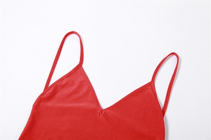 Low cut v neck ruched solid backless cami maxi dress  | red tango dress