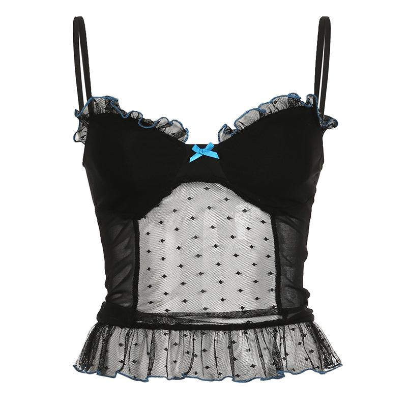 V neck polka dot bowknot mesh ruffle cami top