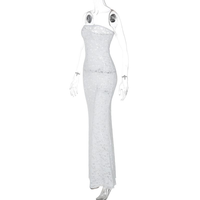 Lace see through solid tube maxi dress