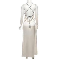 Lace zip-up backless high slit cami maxi dress