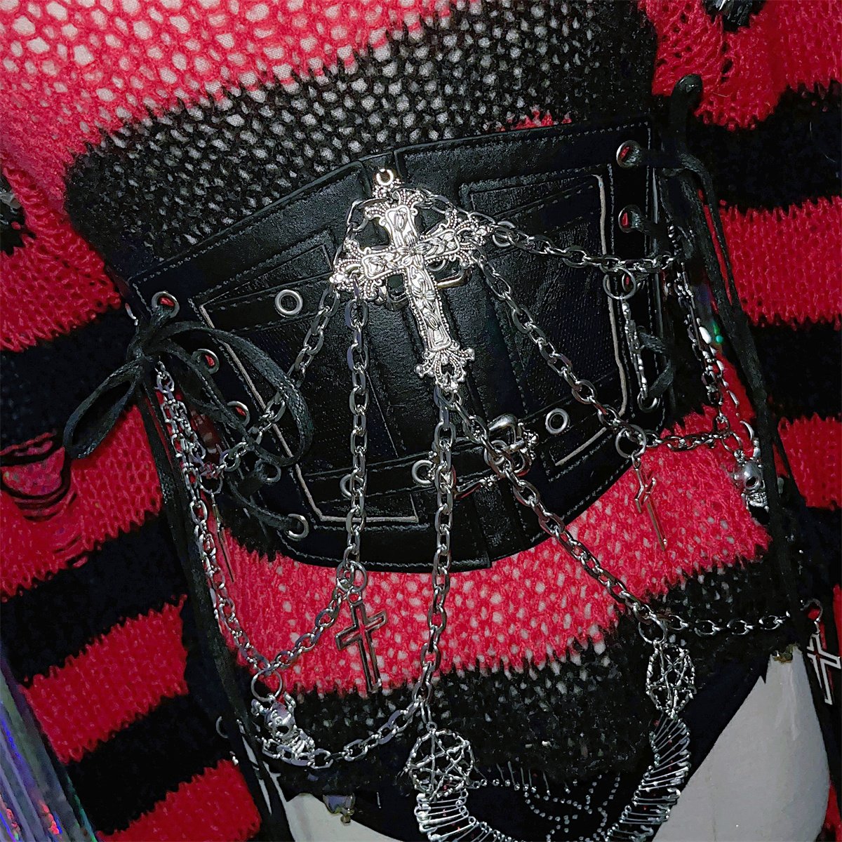 PU leather metal chain cross applique waist chain