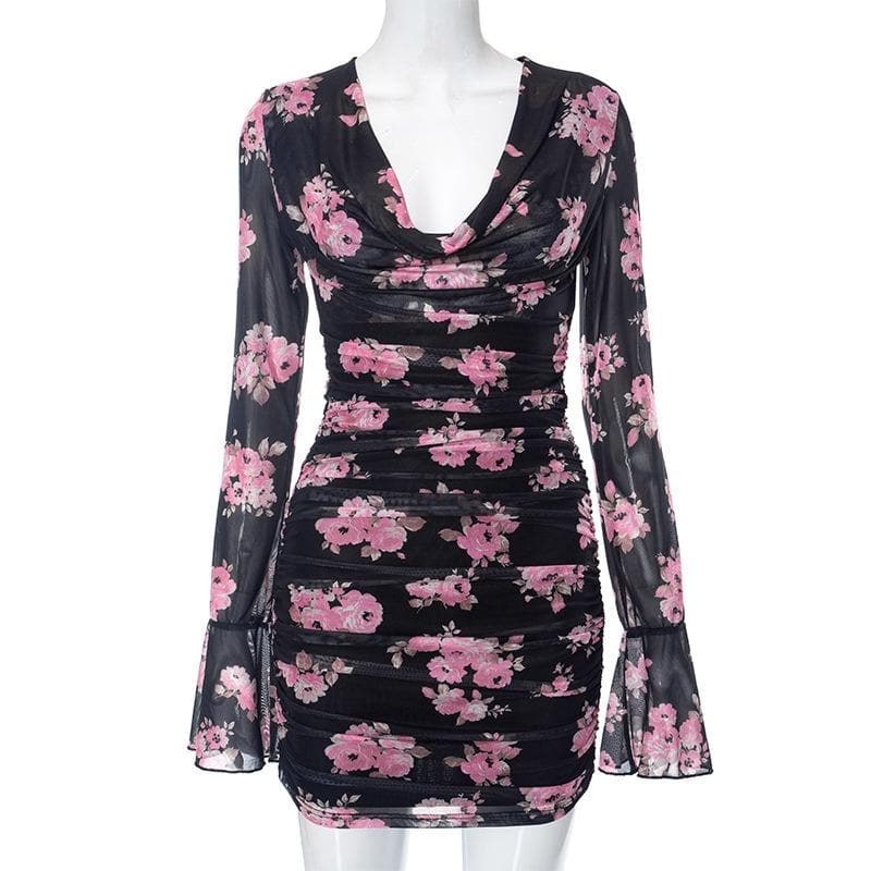 Long flared sleeve cowl neck ruffle flower print sheer mesh mini dress  | samba dress