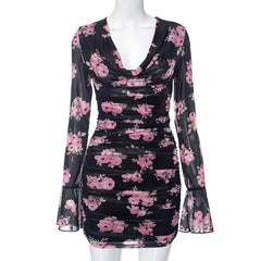 Long flared sleeve cowl neck ruffle flower print sheer mesh mini dress  | samba dress