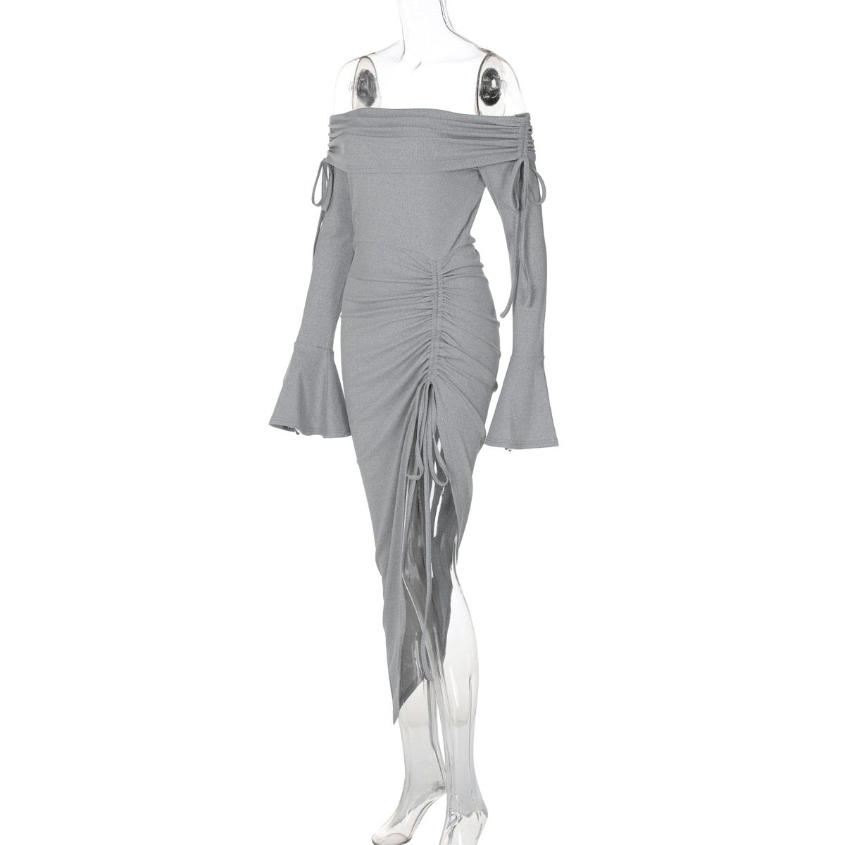 Off shoulder long flared sleeve drawstring ruched midi dress