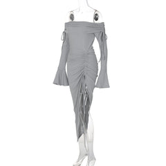 Off shoulder long flared sleeve drawstring ruched midi dress