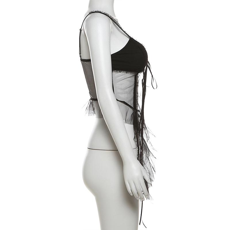 Mesh backless ruffle self tie cami top