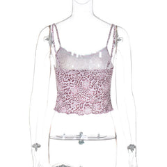 Print lace hem u neck backless cami top