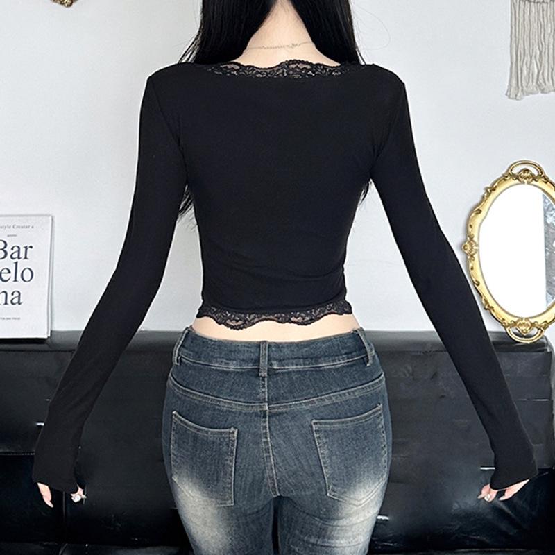 Long sleeve lace hem bowknot crop top