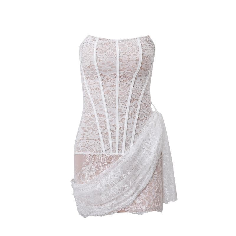 Irregular ruched backless lace up bustier tube mini dress  | red tango dress
