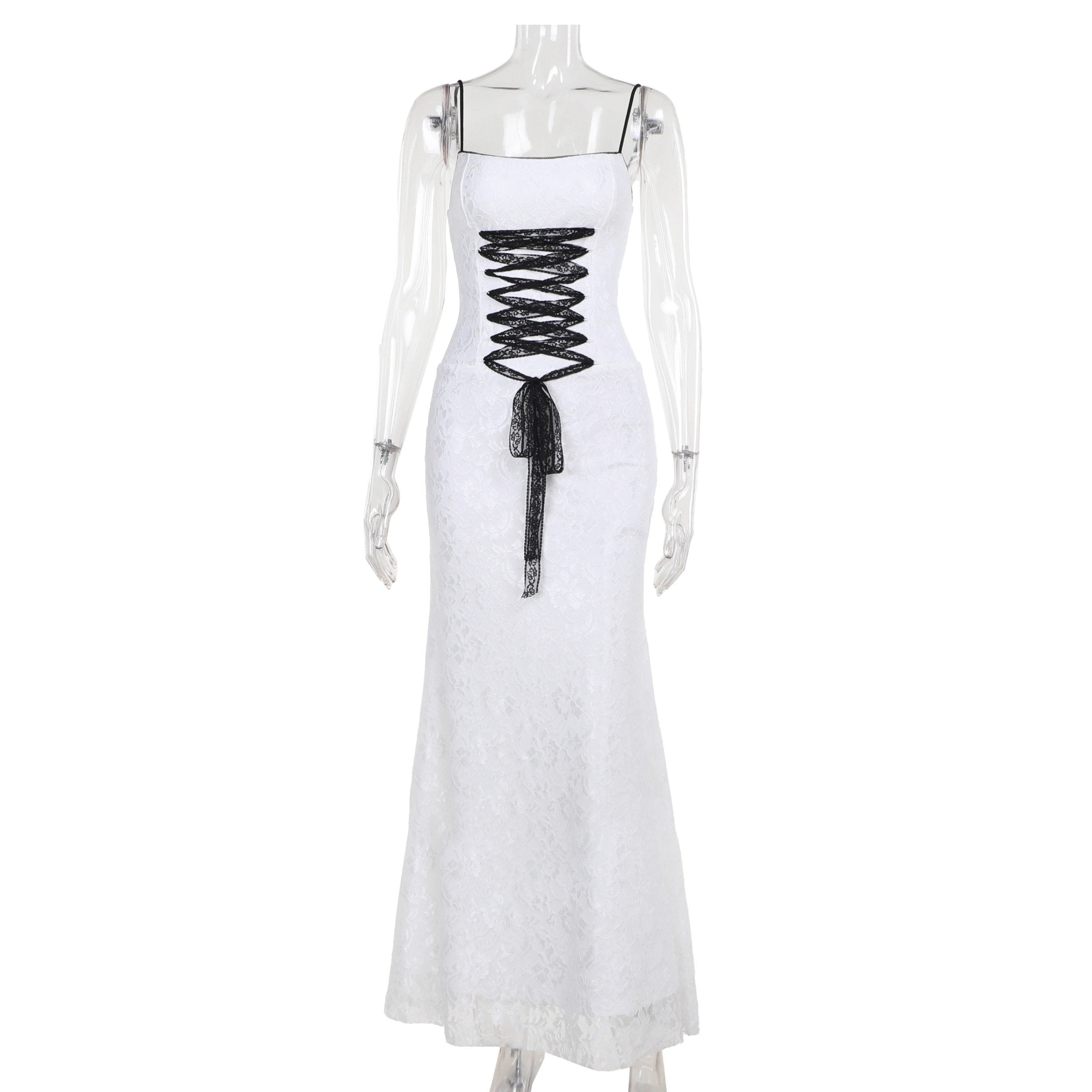 Lace cross front zip-up cami maxi dress