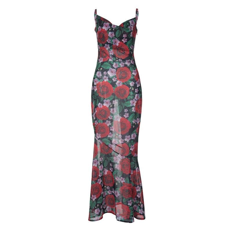 Cowl neck flower print zip-up contrast backless cami maxi dress  | red tango dress