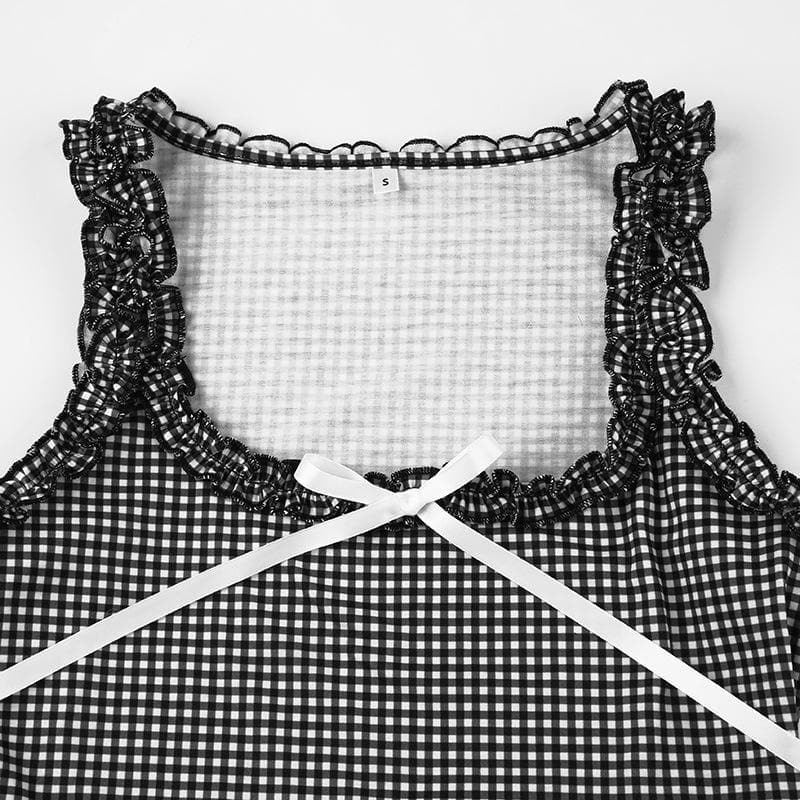 U neck plaid bowknot ruffle contrast ribbon tank top