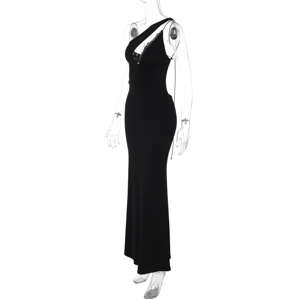 One shoulder o ring lace hem backless maxi dress