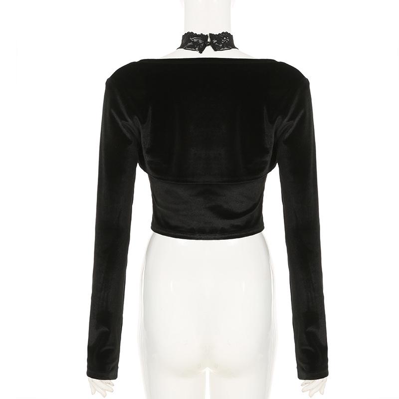 Halter long sleeve velvet lace hem 2 piece top