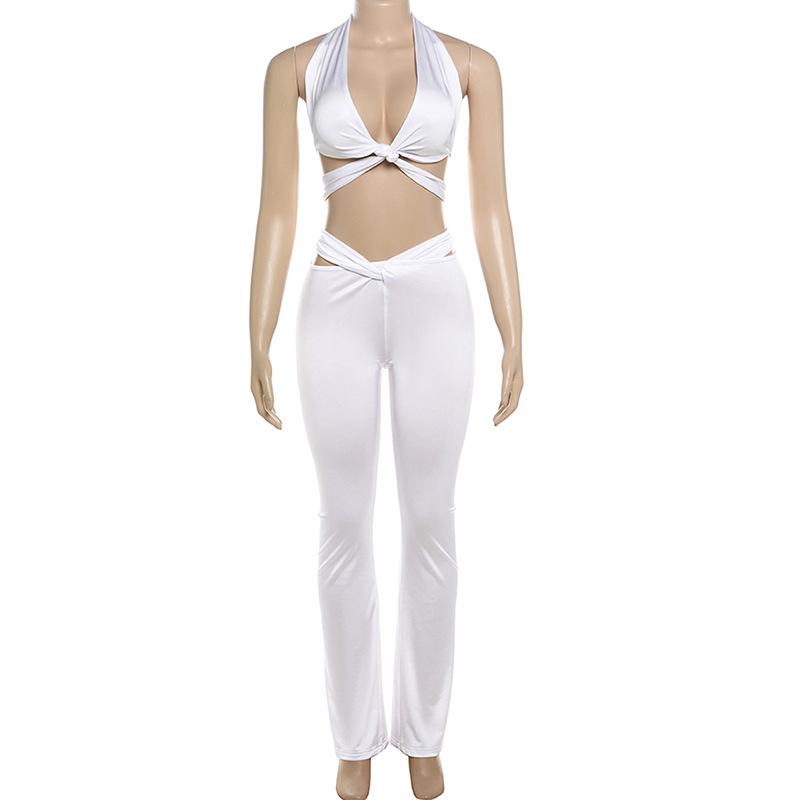 Halter v neck cross front backless hollow out pant set