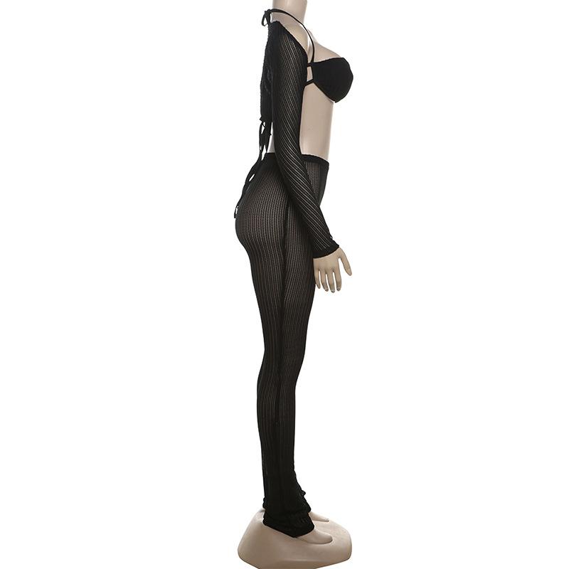 Halter shrug textured see through pant set