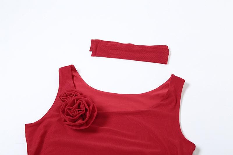 Cowl neck sheer mesh flower applique cami mini dress  | red tango dress  | samba dress