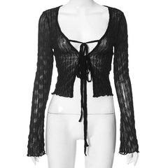 Self tie see through long flared sleeve textured crop top