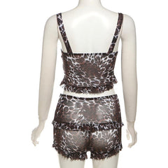 Leopard print mesh button cami short pant set