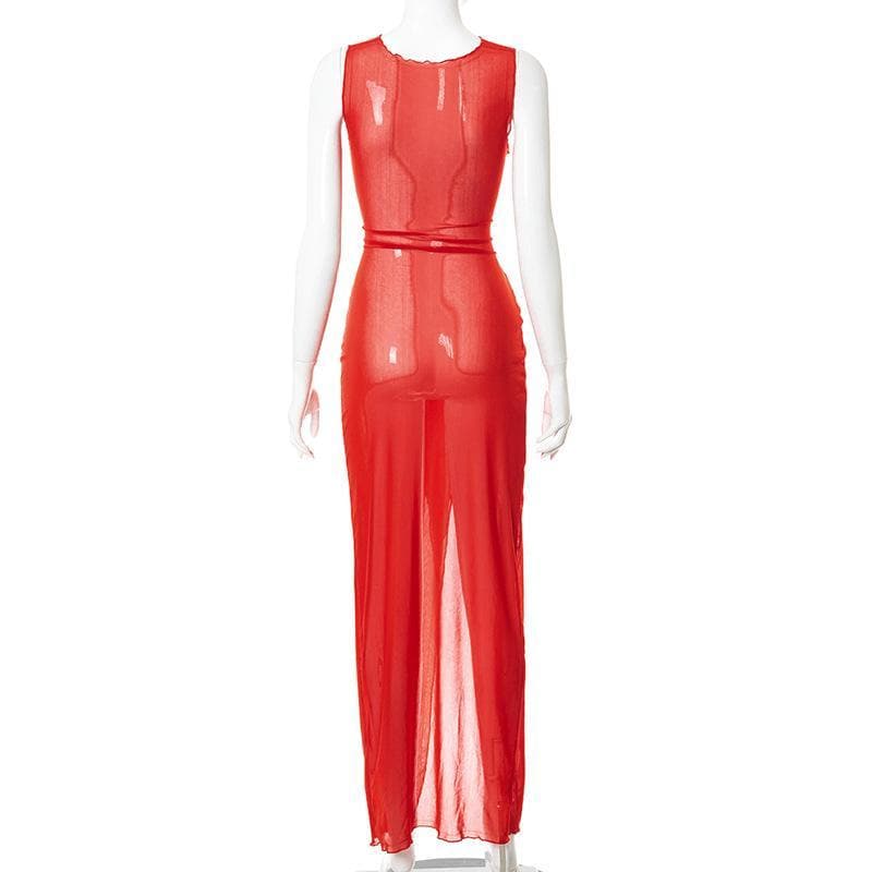 Sheer mesh see through knotted hollow out slit maxi dress  | red tango dress  | samba dress