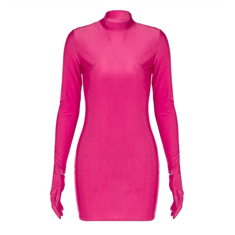 High neck long sleeve gloves solid mini dress  | red tango dress