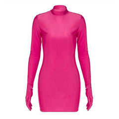 High neck long sleeve gloves solid mini dress  | red tango dress