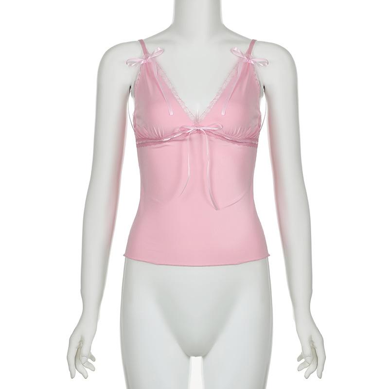 Ribbon bowknot lace hem v neck cami top
