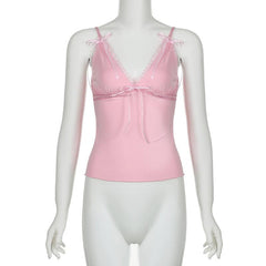 Ribbon bowknot lace hem v neck cami top