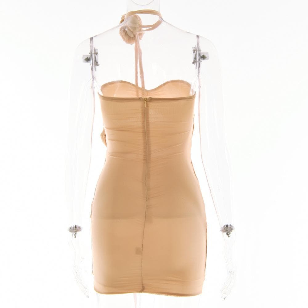 Sheer mesh hollow out flower applique zip-up solid tube mini dress  | samba dress