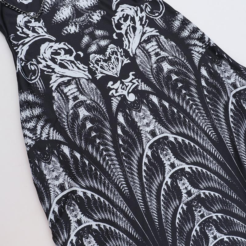 High neck lace up abstract print metal chain slit maxi dress