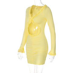 Long sleeve v neck hollow out ruffle mini dress