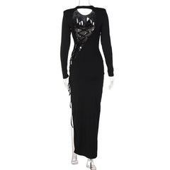 Lace up irregular long sleeve hollow out backless maxi dress