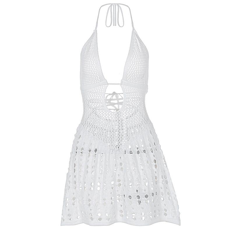Halter knitted deep V neck see through mini dress