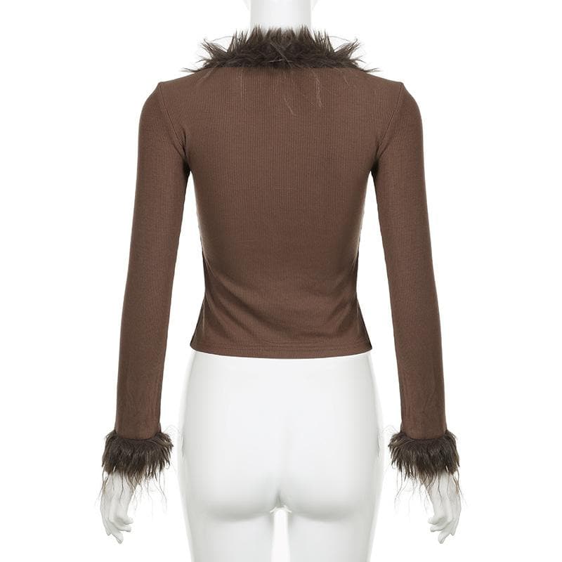 Long sleeve v neck furry ribbed self tie solid top