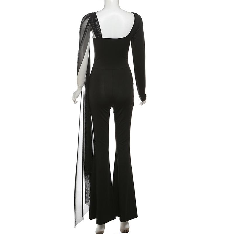 Long sleeve mesh patchwork hollow out jumpsuit