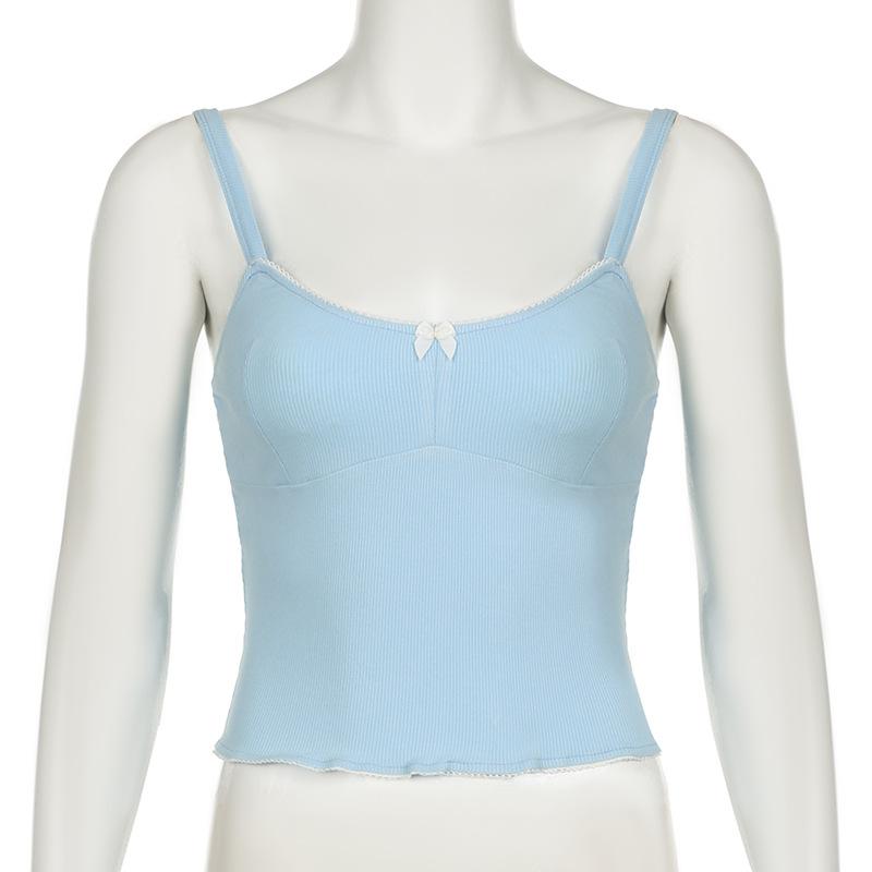 Ribbed bowknot solid backless cami top