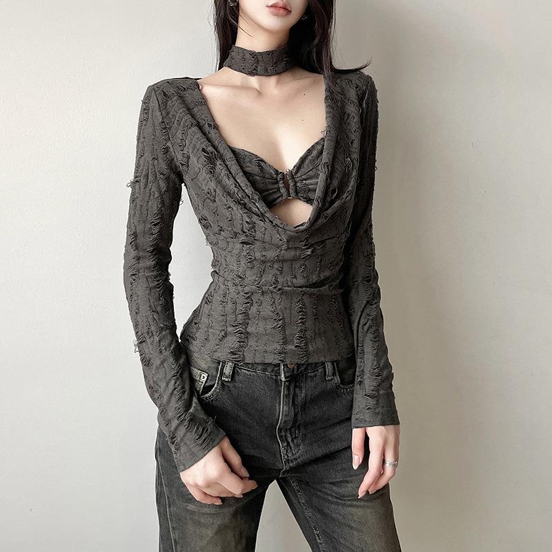 Long sleeve cowl neck solid 2 piece top