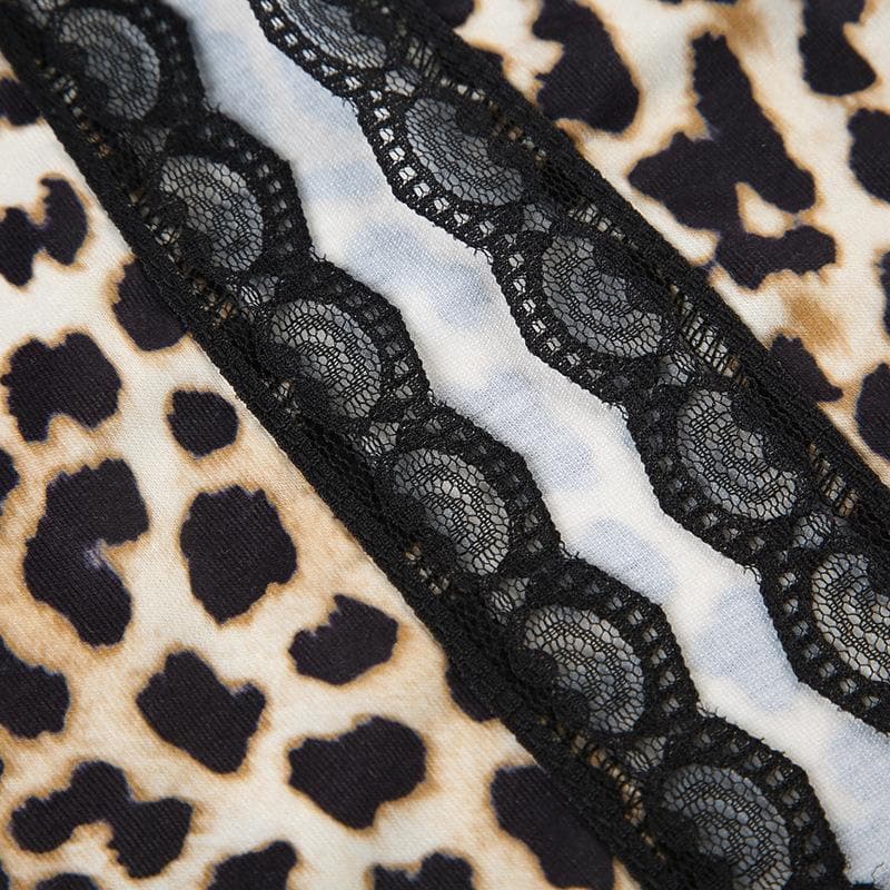 Long sleeve lace hem leopard print ruffle self tie top