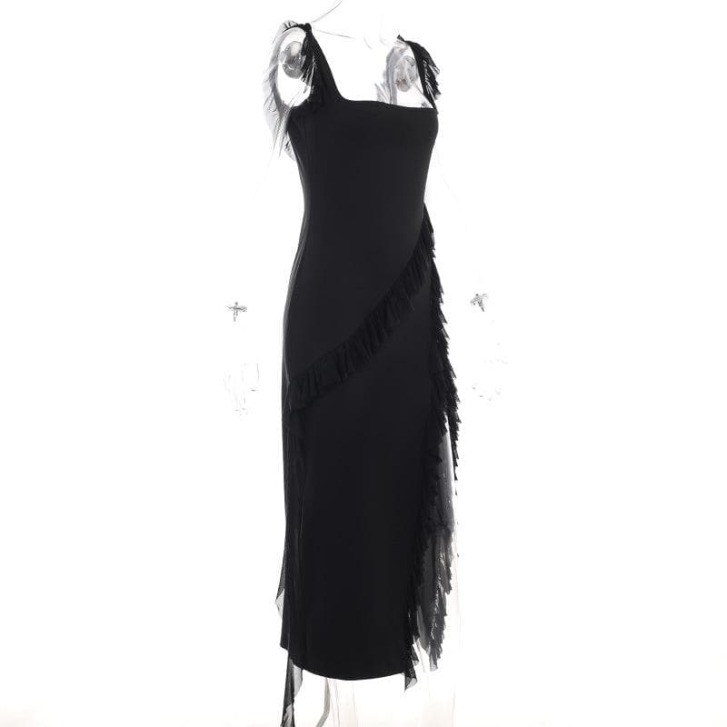 Ruffle cap sleeve slit square neck irregular solid maxi dress  | red tango dress