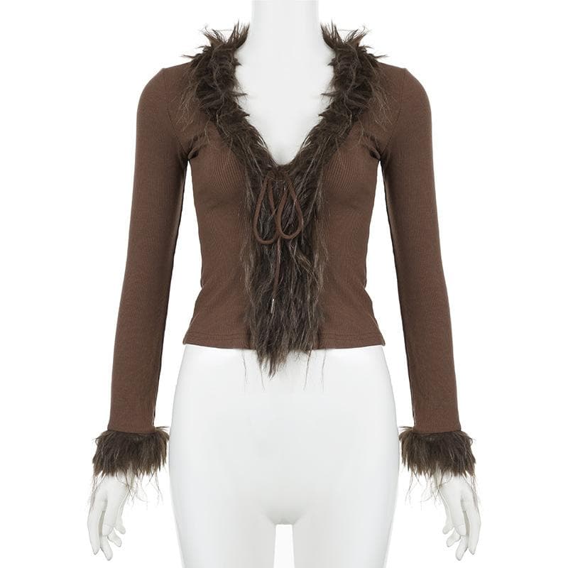 Long sleeve v neck furry ribbed self tie solid top
