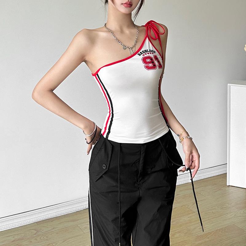 One shoulder irregular self tie â€?1â€?pattern contrast top