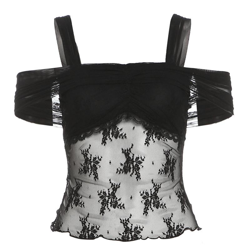 Short sleeve off shoulder lace mesh ruched 2-way top